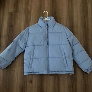 blue puffer jacket